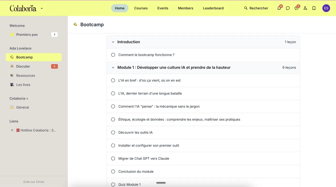 L'espace d'apprentissage structuré du bootcamp Colaboria sur Circle : les modules organisés semaine par semaine