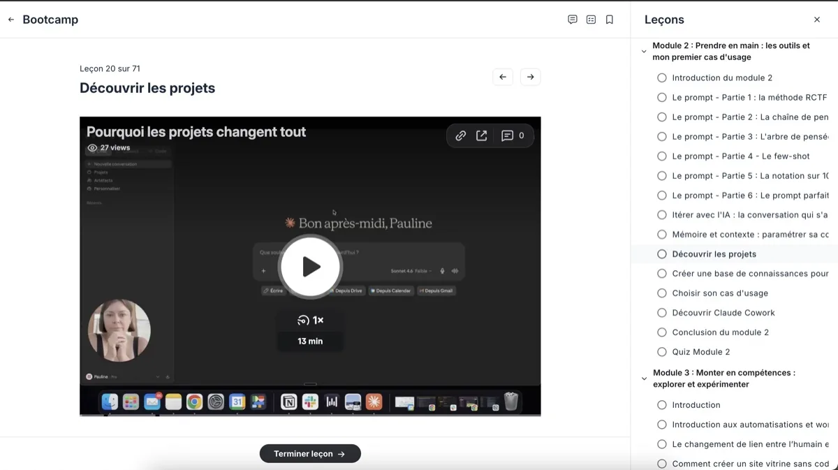 Une leçon du bootcamp Colaboria sur Circle : le travail personnel guidé, avec exercices et fiches